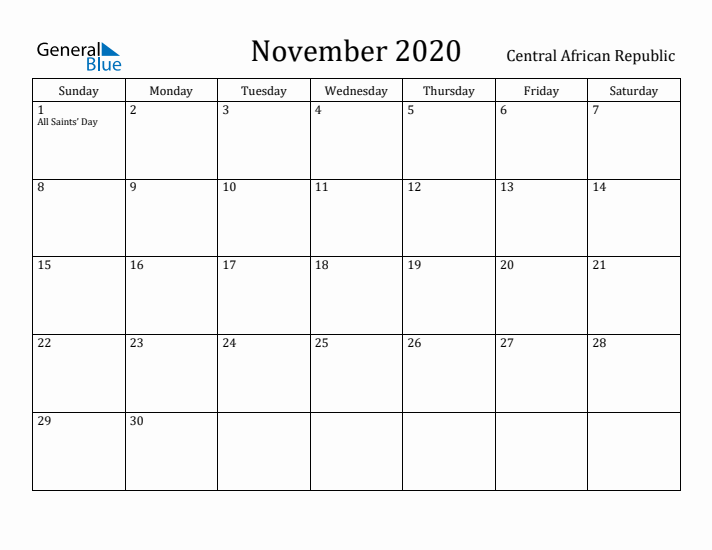 November 2020 Calendar Central African Republic