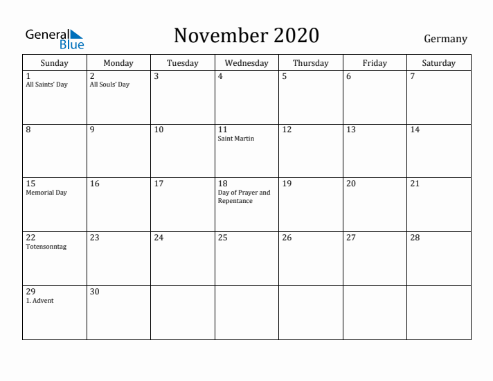 November 2020 Calendar Germany