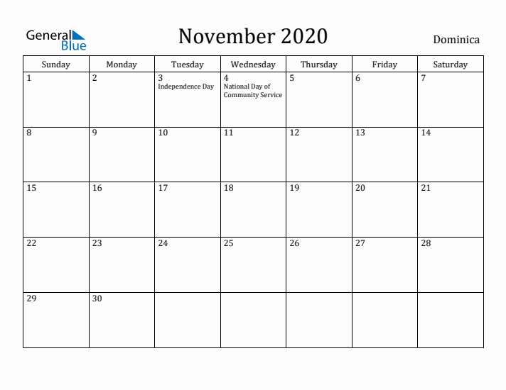 November 2020 Calendar Dominica