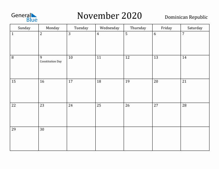 November 2020 Calendar Dominican Republic