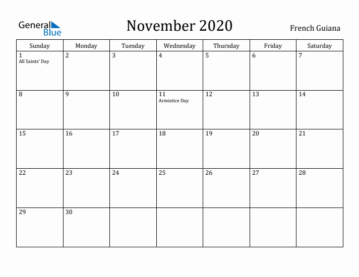 November 2020 Calendar French Guiana