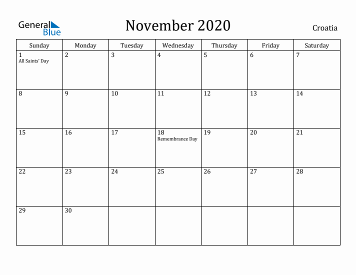 November 2020 Calendar Croatia