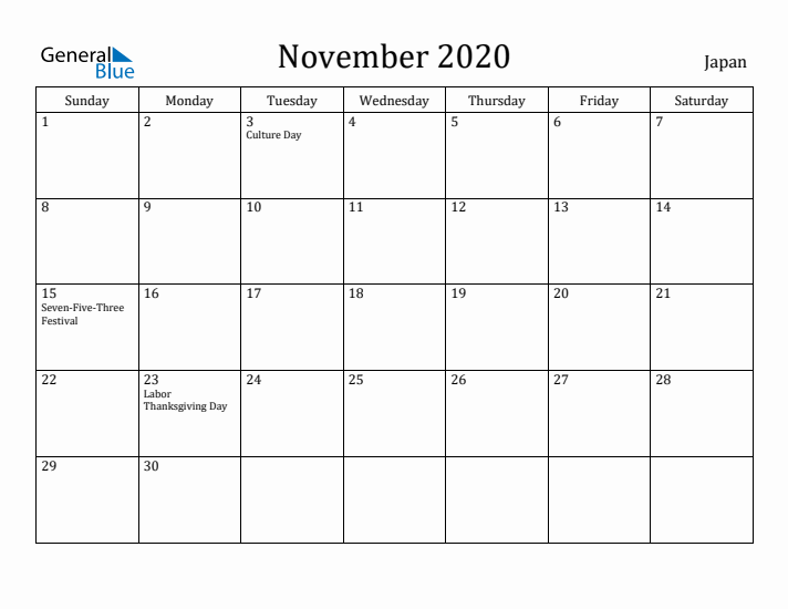 November 2020 Calendar Japan