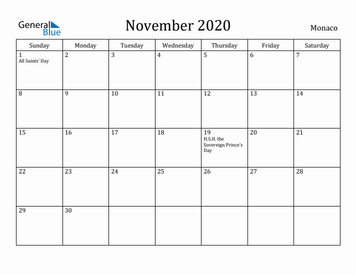 November 2020 Calendar Monaco