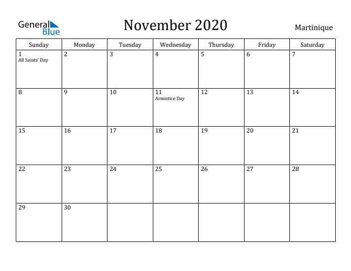 November 2020 Calendar Martinique
