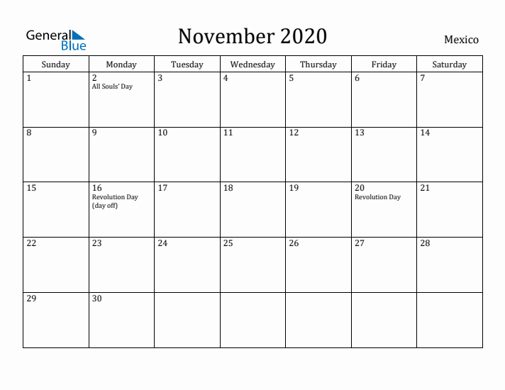 November 2020 Calendar Mexico