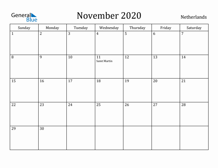November 2020 Calendar The Netherlands