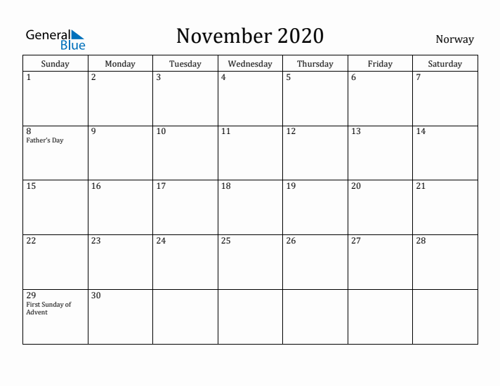 November 2020 Calendar Norway