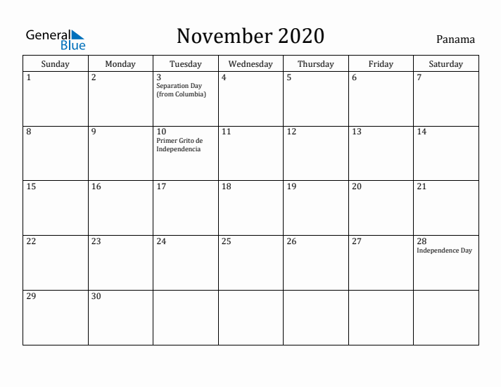 November 2020 Calendar Panama