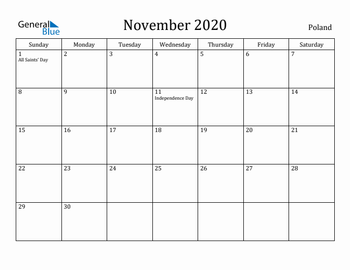 November 2020 Calendar Poland