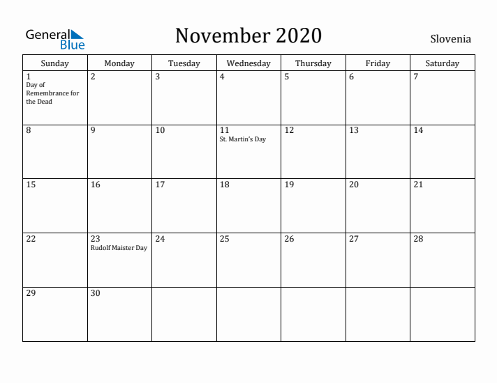 November 2020 Calendar Slovenia