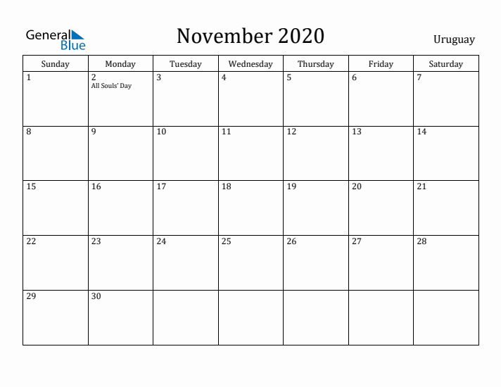 November 2020 Calendar Uruguay