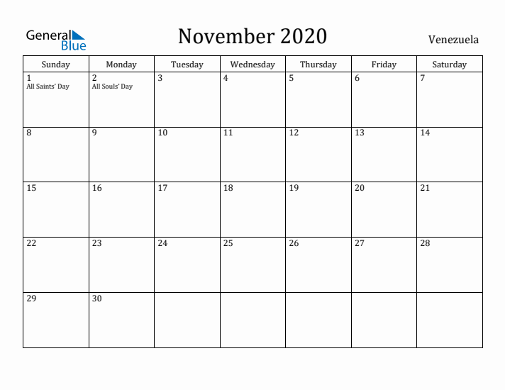 November 2020 Calendar Venezuela