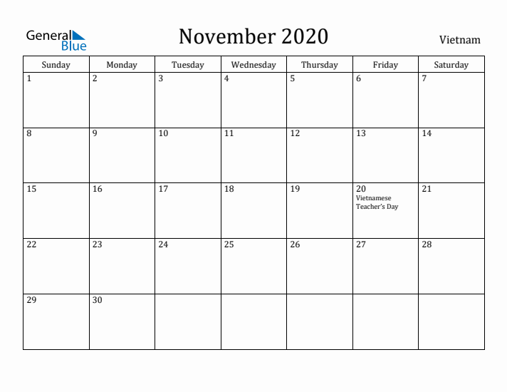 November 2020 Calendar Vietnam
