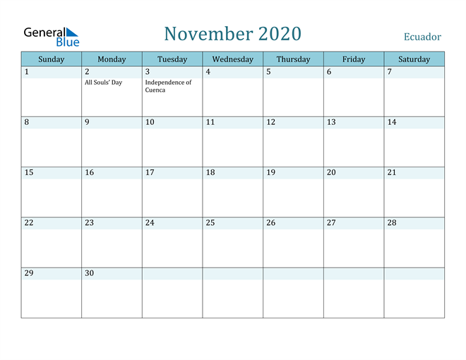 November 2020 Calendar with Holidays in PDF, Word, and Excel