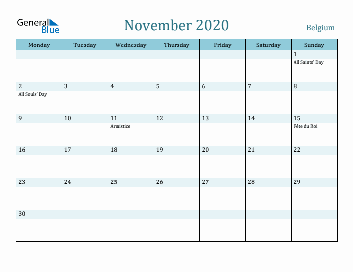 November 2020 Calendar with Holidays