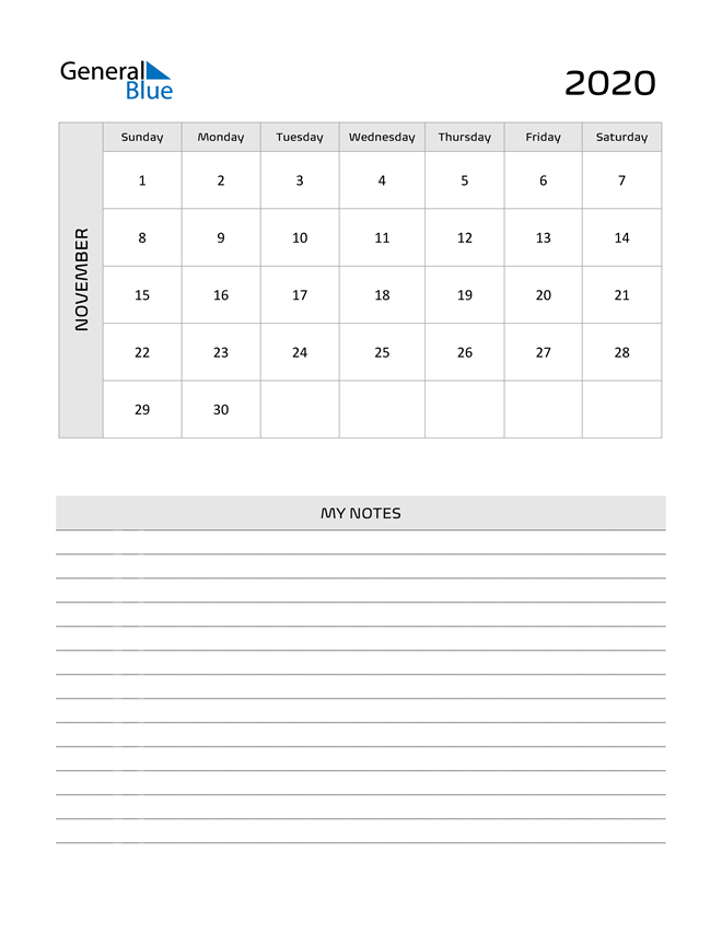  November 2020 Calendar Printable in PDF, Word, and Excel