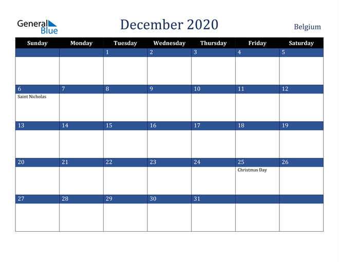 December 2020 Belgium Calendar