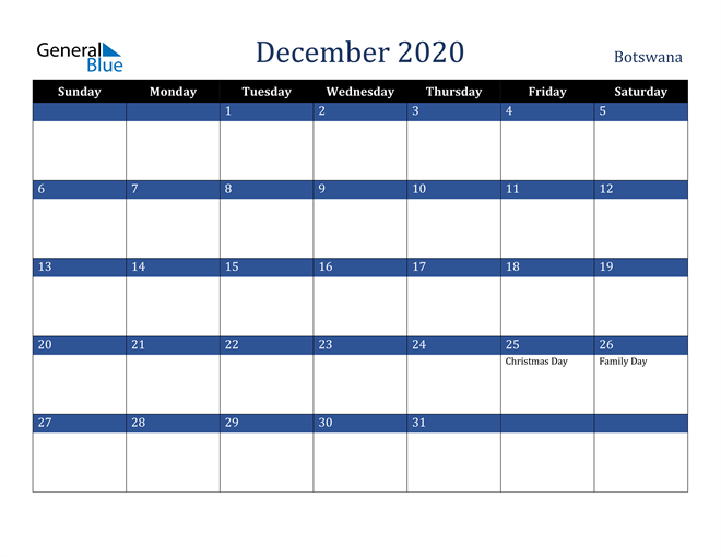 December 2020 Botswana Calendar