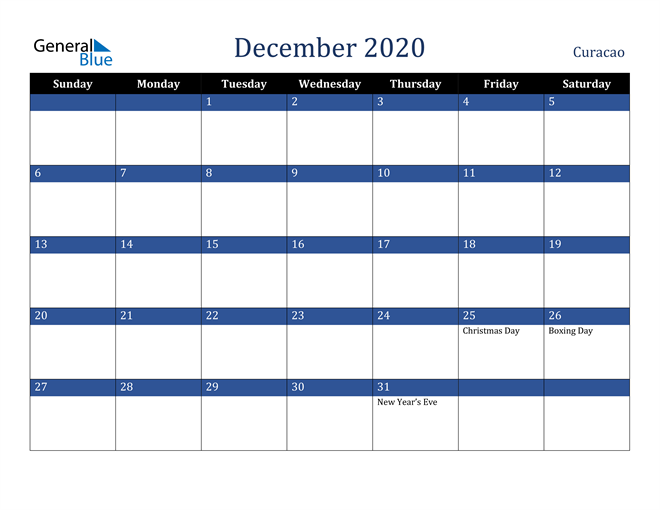 December 2020 Curacao Calendar