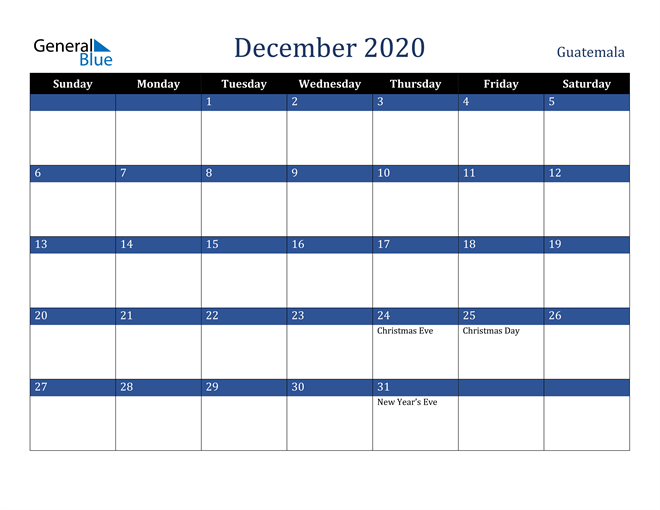 December 2020 Guatemala Calendar