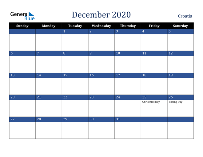 December 2020 Croatia Calendar
