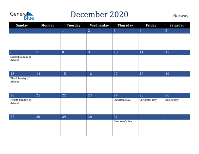 December 2020 Norway Calendar