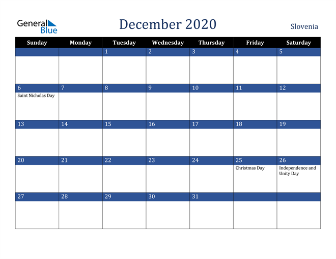 December 2020 Slovenia Calendar