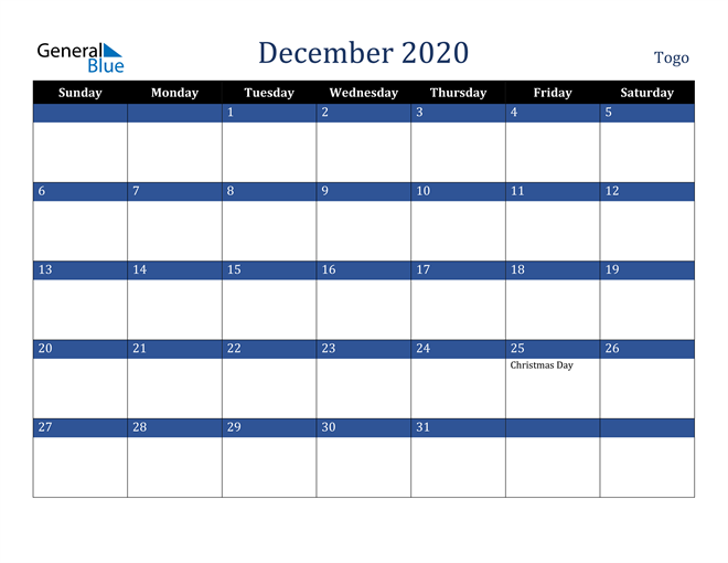 December 2020 Togo Calendar