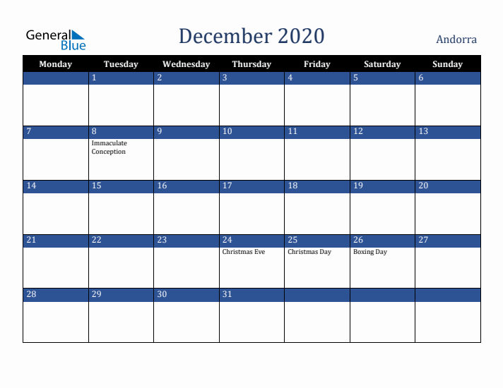 December 2020 Andorra Calendar (Monday Start)
