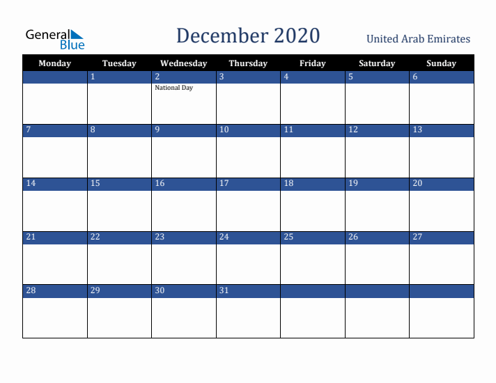 December 2020 United Arab Emirates Calendar (Monday Start)