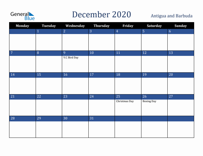 December 2020 Antigua and Barbuda Calendar (Monday Start)
