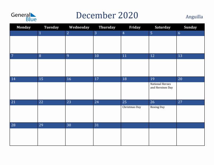 December 2020 Anguilla Calendar (Monday Start)