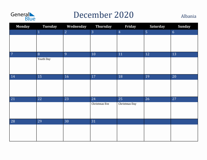 December 2020 Albania Calendar (Monday Start)