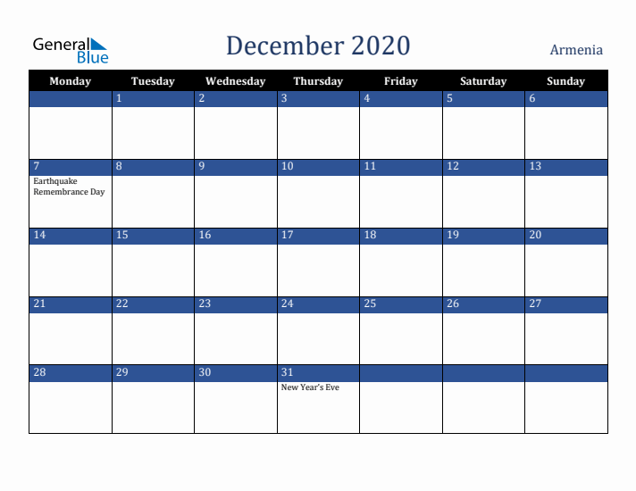December 2020 Armenia Calendar (Monday Start)