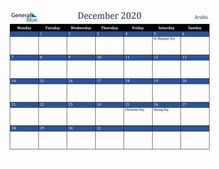 December 2020 Aruba Calendar (Monday Start)