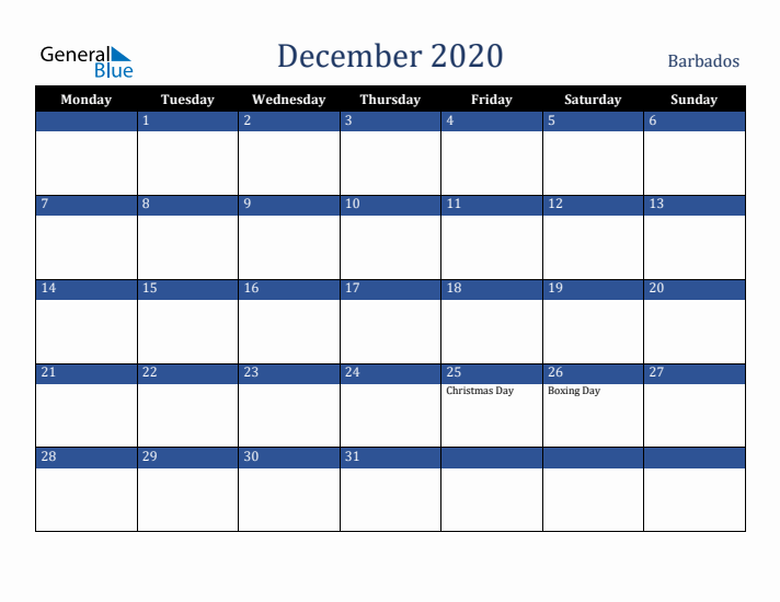December 2020 Barbados Calendar (Monday Start)