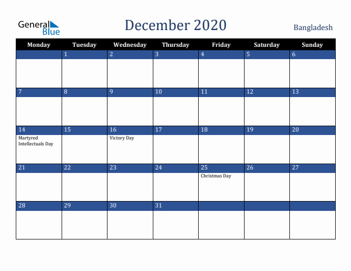 December 2020 Bangladesh Calendar (Monday Start)