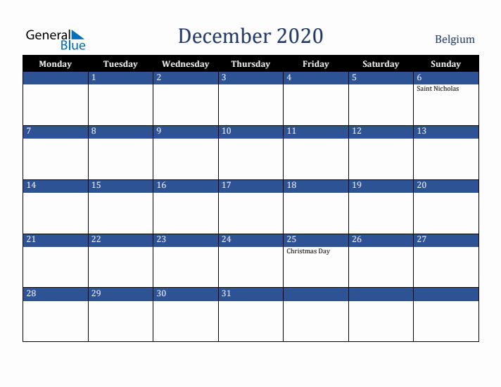 December 2020 Belgium Calendar (Monday Start)