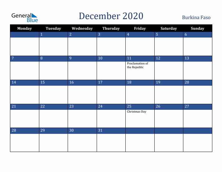 December 2020 Burkina Faso Calendar (Monday Start)