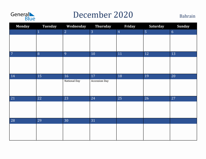 December 2020 Bahrain Calendar (Monday Start)