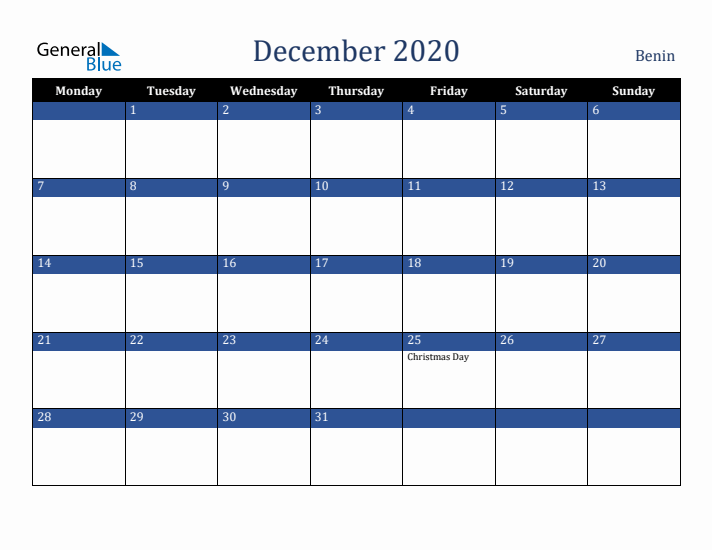 December 2020 Benin Calendar (Monday Start)