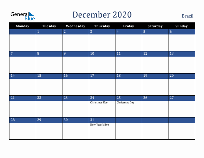 December 2020 Brazil Calendar (Monday Start)