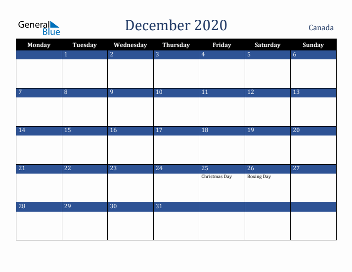 December 2020 Canada Calendar (Monday Start)