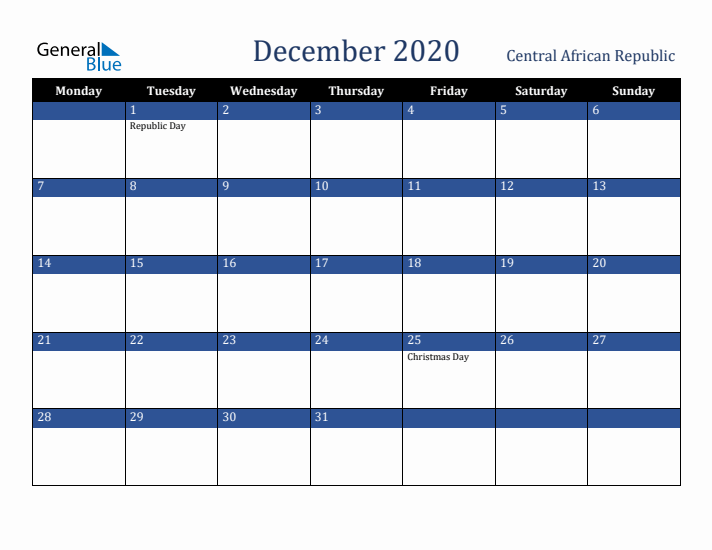 December 2020 Central African Republic Calendar (Monday Start)