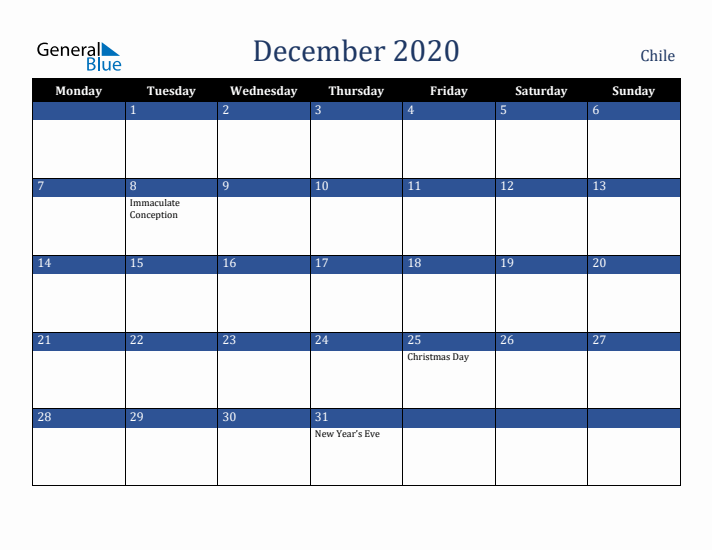 December 2020 Chile Calendar (Monday Start)