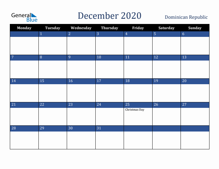 December 2020 Dominican Republic Calendar (Monday Start)
