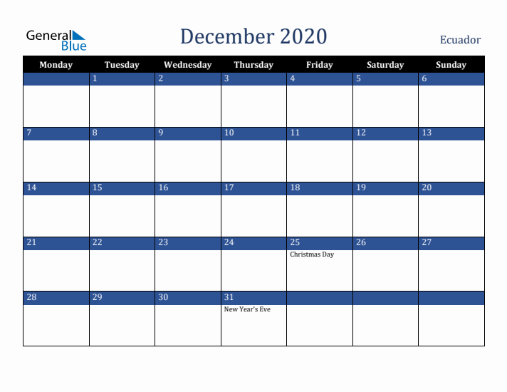 December 2020 Ecuador Calendar (Monday Start)