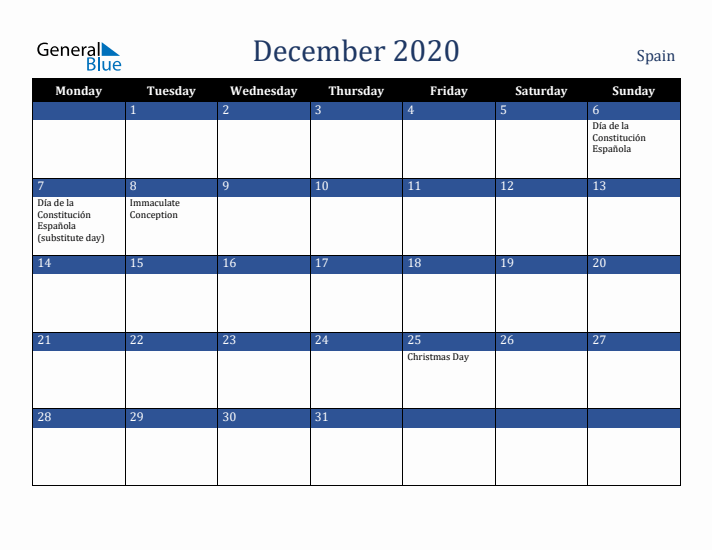 December 2020 Spain Calendar (Monday Start)