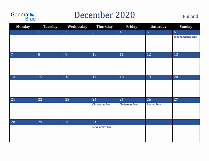 December 2020 Finland Calendar (Monday Start)